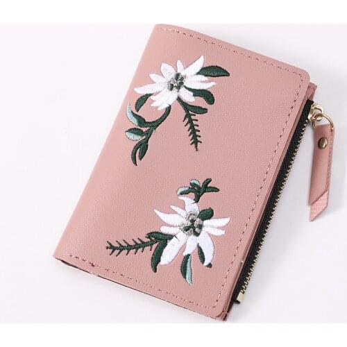 Korean trend Small Womens wallet made of leather Embrodiery Floral Thin purse Short Slim Wallets for women Cute cartera mujer