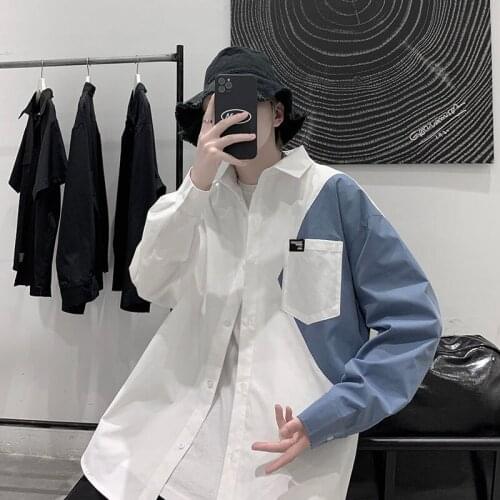 2021 Mens Long-sleeved Splicing Shirts Streetwear Oversized Loose Casual Shirts Lapel Collar Black/white Color Camisa Masculina
