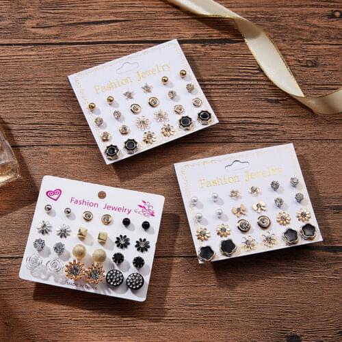 12 Pairs Card Mixed Style Stud Earring Set For Women Color Balls Love Flowers Earrings Women Imulated Pearl Earrings Jewelry