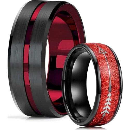 New Mens Classic Red Groove Beveled Edge Black Stainless Steel Men Wedding Rings Inlay Red Meteorite Ring Arrow Engagement Ring