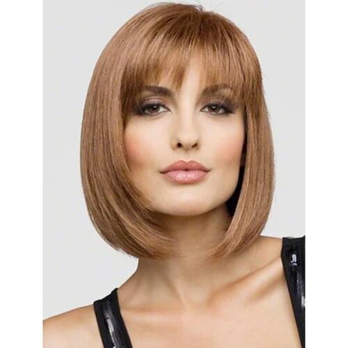 Human Hair Blend Wig Short Straight Bob Short Hairstyles Straight With Bangs Capless Womens Blonde Brown 12 inch