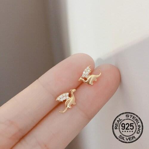 S925 Silver Dinosaur Stud Earrings For Women Gold Zircon Student Female Simple Trendy Fashion Hot Sale Jewelry Wholesale INEFFA