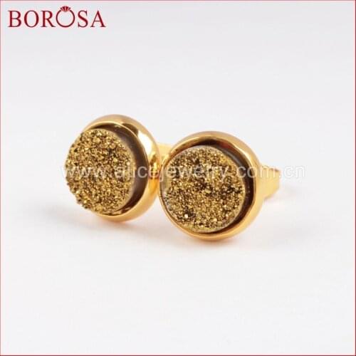 BOROSA Natural Crystal Druzy Titanium Druzy Stud Earrings 8mm Round Rose Golden Titanium Drusy Geode Studs Gem Jewelry198-4