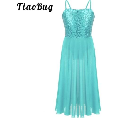 TiaoBug Kids Teens Spaghetti Straps Sequins Gymnastics Leotard Girls Long Tulle Ballet Dress Contemporary Lyrical Dance Costumes