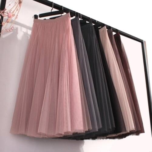 Vintage 3 Layers Princess Tulle Skirts Womens Midi Pleated Skirt Korean Elastic High Waist Mesh Tutu Skirt Big swing skirt