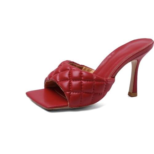 Kmeioo Genuine leather Vintage Square head Peep Toe Solid Gingham High Heel Slippers Summer Fashion Slip On Thin Heels sandals