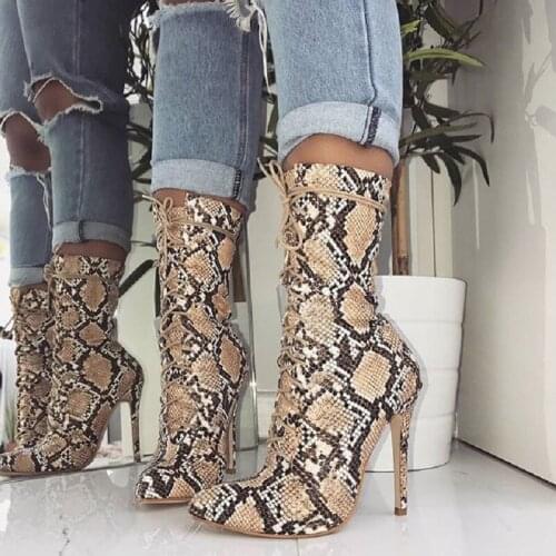 IPPEUM Women Lace-Up Boots Snake Print Ankle Boots High heels Fashion Pointed Toe Ladies Sexy Shoes 2021 New Chelsea Boots