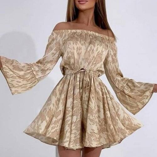 2021 Summer Womens Elastic Neck Short Dress Flare Sleeve Printing Off Shoulder High Waist Elegant Mini Dresses for Party Beach