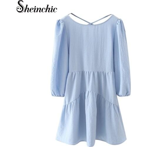 Casual Backless Blue Shirt Dresses for Women 2021 Elegant O-neck Long Sleeve Mini Cotton Dress Autumn Robe Femme