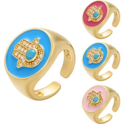 Gold Fatima Hand Evil Eye Turkish Rings for Woman Girls CZ Fashion Jewelry Gift Cubic Zirconia Enamel Ring main de fatma