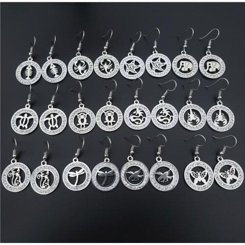 Stainless Steel Earrings Tortoise Crayfish Seastar Elephant Cat Eagle Butterfly Dragon Owl Fish Bone 12 Pairs/lot Mix Styles