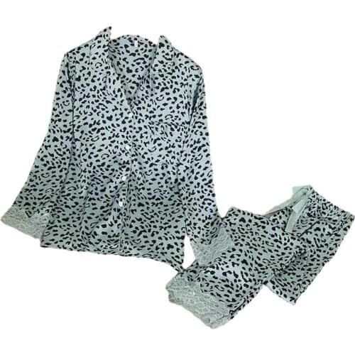 4511-b3 Womens Pajamas Set V Neck Design Print Sleepwear Silk Like Home Clothes Large Size Nightwear