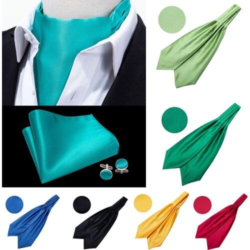 Barry.Wang Classic Mens Gift Box Set Silk Ascot Cravat Solid Square Handkerchief Cufflink Necktie Business Wedding Party LJ-0009