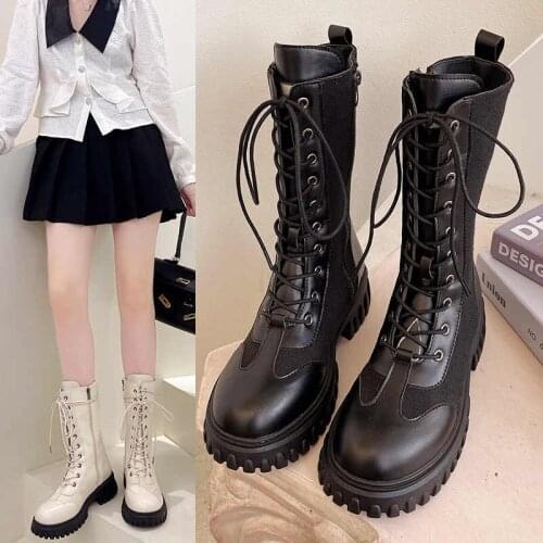 Fashion Boots Ladies Warm Boots 5.5 Cm High Heels Ladies Zipper Platform Black Basic Lace-up Womens Shoes Botas Mujer