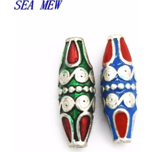 SEA MEW 10 PCS 8mm*25mm Metal Alloy Enamel Drops Of Glaze Oval Nepal Handmade Spacer Beads Hole Bead For Jewelry Making