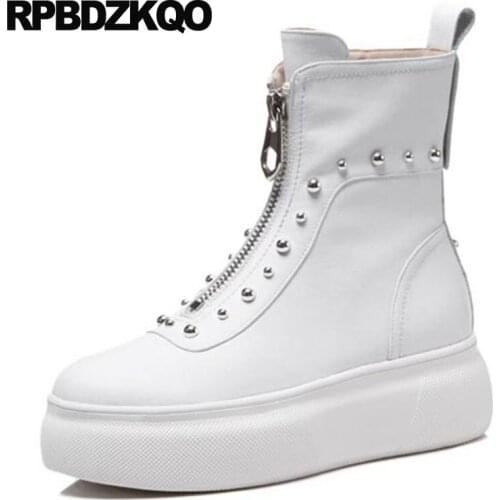 Flatform Metal Genuine Leather Platform Shoes Flat Stud Size 4 Harajuku Muffin Ankle White Women High Heel Punk Rock Boots Rivet