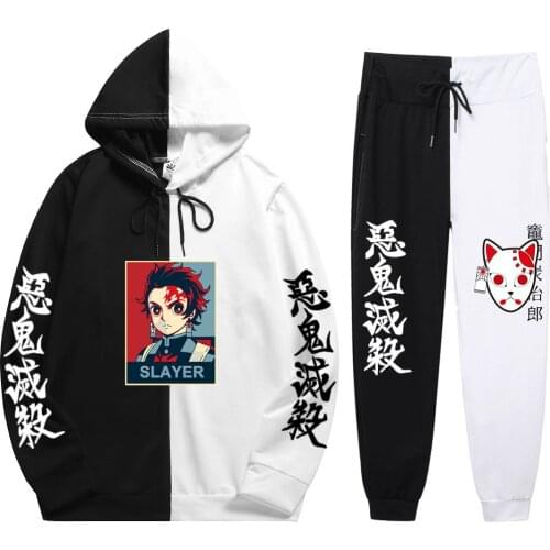 Summer Unisex 2 Pieces Sets Anime Harajuku Demon Slayer Tanjiro Nezuko Print Patchwork Thin Hoodie+Patchwork Pants Sweater