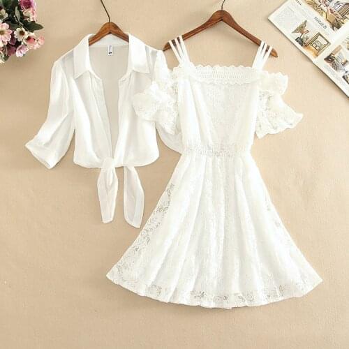 Fashion Two Pieces Sets Women Lantern Sleeve Lapel Chiffon Shirt Top + Mini Short A Line Lace Spaghetti Strap Ruffle Dress New