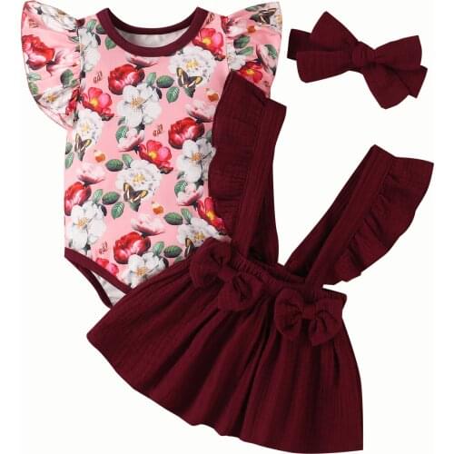 Toddler Baby Girls Clothes Set Skirt Three Piece Suit Fashion Flower Fly Sleeve Romper Solid Color Suspender Skirt With Headband