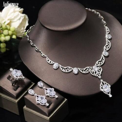 Western Full Zirconia Platinum Plated Wedding Bridal Jewelry Set CZ Necklace Bracelet Dangle Earrings and Ring 4pcs Set Gifts