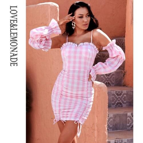 LOVE&LEMONADE Sexy Tube Top Pink Plaid Bodycon Detachable Lantern Sleeve Mini Dress LM83009-1