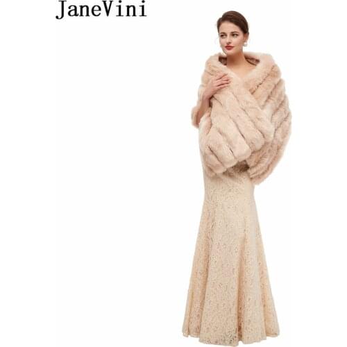 JaneVini 2020 Newest Style Bridal Fake Fur Wraps Winter Wedding Dress Shawl Cape Champagne Women Faux Fur Wedding Bolero Shrugs