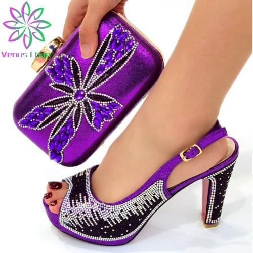 Mature 2021 New Deign Nigerian Women Shoes Matching Bag Set in Purple Color Slingbacks Sandals for Wedding Party Sandals
