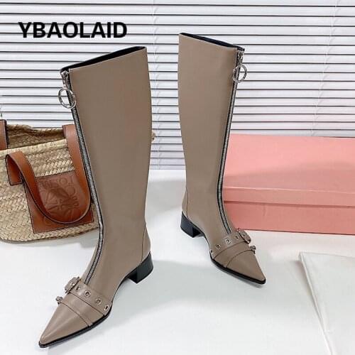 Cowhide Solid Color Mid-heel Boots for Fall/winter 2021 New Pointed Front Zipper Metal Leather Buckle Leather Knight Boots