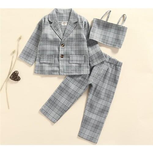 Kids Baby Girls Formal 3Pcs Outfits, Fashion Plaid Long Sleeve Coat+Stap Ruched Vest+ Trousers Spring Fall Clothes Set, 2-7Years