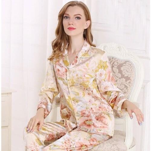 100% Silk pajamas Set women Suit silk Sleepwear Nightwear Shirt For lady Hangzhou long sleeve two-piece Silk suit bottoms Pants