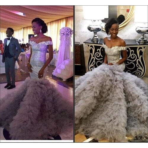 Modest Sequined Wedding Dresses Mermaid Off The Shoulder Neck Trumpet Bridal Gowns Sweep Train Tulle Tiered Wedding Dress