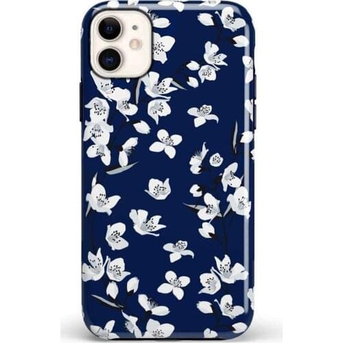 Glass PC Soft TPU Phone Case for iphone 11 12 pro mini 6 6s 7 8 plus X XS max XR Navy Cherry Blossom Floral Mobile bags cover