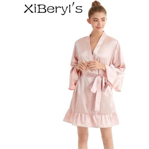XiBeryl’s Elegant Womens Silk Ruffle Robe Bridesmaid Gift Robe Ensemble Household Bathrobe Peignoirs Sexy Female Pajamas