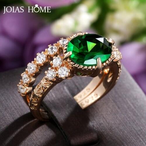JoiasHome Trendy Silver 925 Jewelry Gemstones Ring For Women Oval Emerald Female Anniversary Gift 2 Pieces Set Ring Wholesale