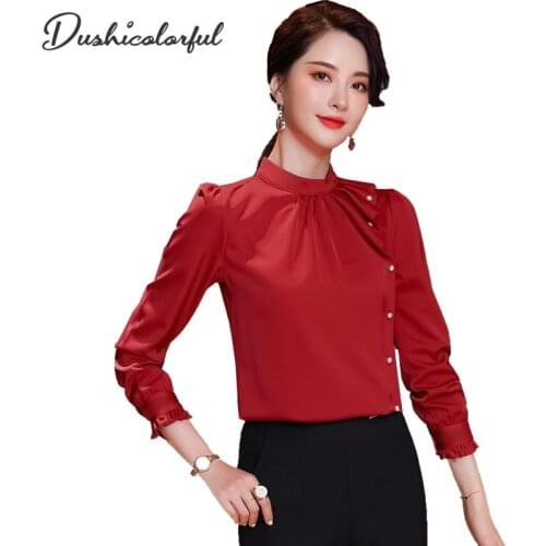 Womens Blouse Red Long-sleeved Shirts Fashion Stand-up Collar Ruffled Satin Elegant Temperament Blus Office Womens Shirt Tops