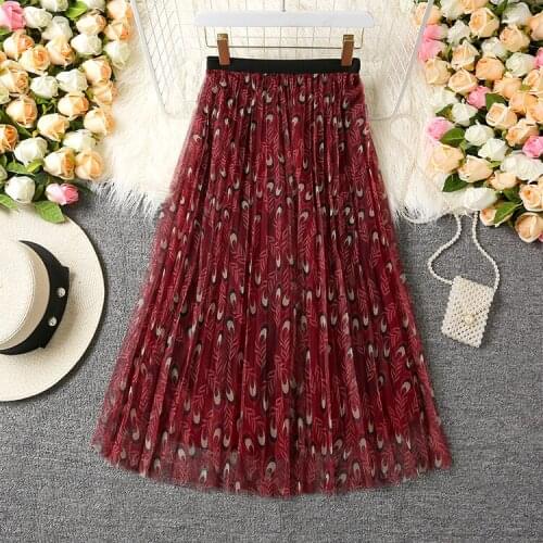 Elegant Mesh Pleated Skirt Summer Womens Vintage Print Feather Thin Big Swing Skirt High Waist Long Skirts Elastic Waist Skirts