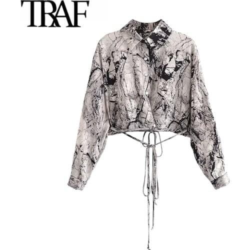 TRAF Women Fashion With Tie Printed Backless Crop Blouses Vintage Long Sleeve Button-up Female Shirts Chic Tops