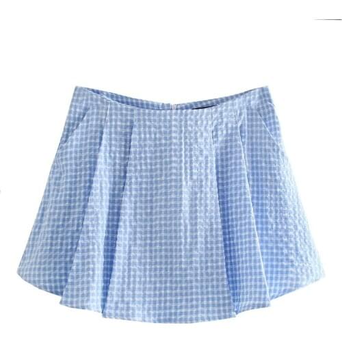 TRAF Women 2021 Fashion With Lining Pleated Check Shorts Vintage High Waist Back Zipper Female Skort Streetwear