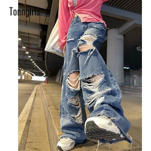 Tonngirls Boyfriend Ripped Jeans Women Hole Loose Wide Leg Pants High Waist Hip Hop Korean Mopping Pants Streetwear Plus Size