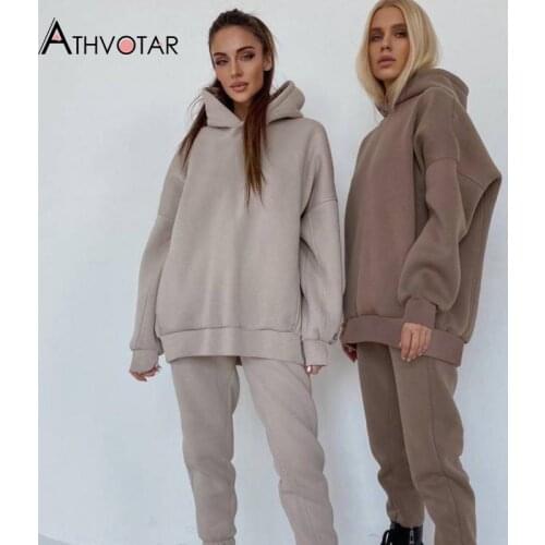 ATHVOTAR Two Piece Set Women Autumn Winter Top and Pants Hooded High Waist Sportswear Tracksuits Sweat Suits