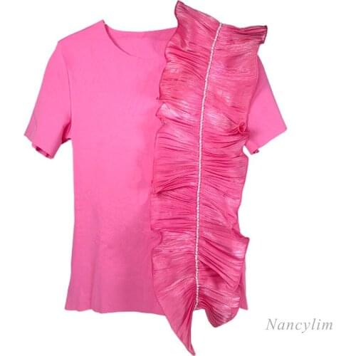 Irregular Ruffled T-shirt Womens Short Sleeve Diamond-Embedded Temperament Summer Top Ladies Tees