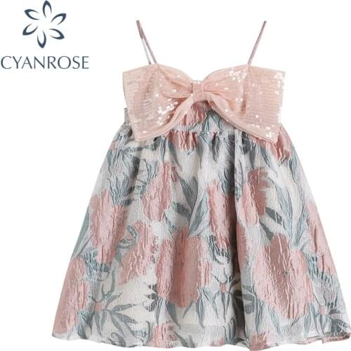 2021 Summer Big Bow Pink Spaghetti Strap Mini Dress High Waist Sleeveless Elegant Casual Loose Kawaii Dresses Lolita Sundress