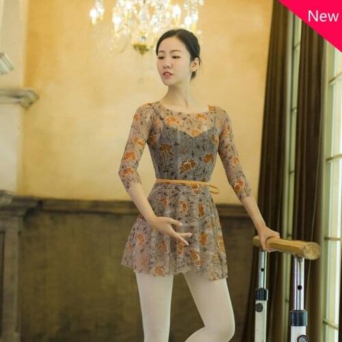 Ballet Dance Practice Clothes Printed Yellow Leaf Lace Up Skirt Classical Blouse Sets Women Wrap Skirts Lyrical Dress Costumes