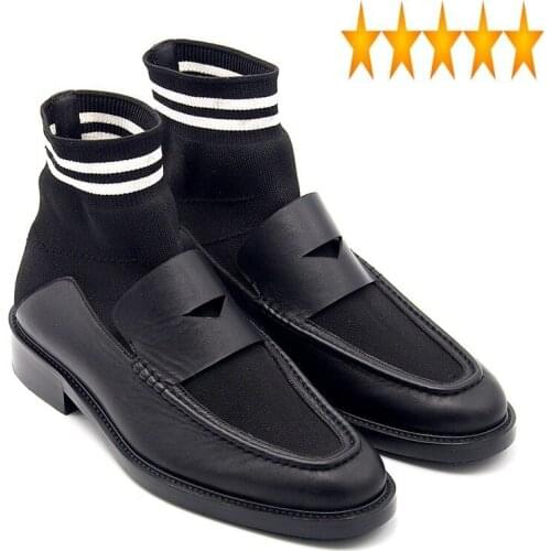 Winter New Socks Boots Autumn Men Slip On Stretch Knit Stitching Booties Man Cow Leather England Mens Footwear Mid Heel 3CM 45