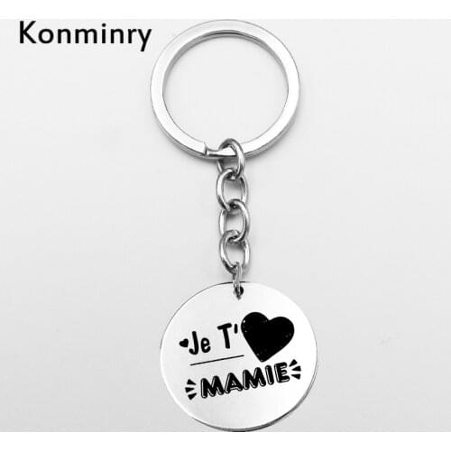I Heart Mamie Stainless Steel Key Chains Round Shape Coin Pendant Customize Grandma French Words Keyring Jewelry Konminry