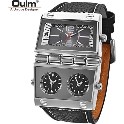 Oulm Three Time Zone 2 Dials Sport Watches Men Big Quartz Clock Male Genuine Leather Casual Military Wristwatch Man