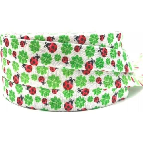 Hot Sale St Patricks Day Clover Beetles Print Fold Over Elastic 5/8" FOE Ribbon 10Y for Handmade Sewing Hair Tie Hair Accessory