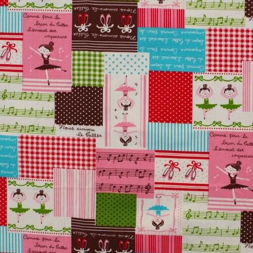 Cotton Linen Fabric for sewing pathwork, bedding - Patch, Dot and Ballet girl (Green) (width=110cm)