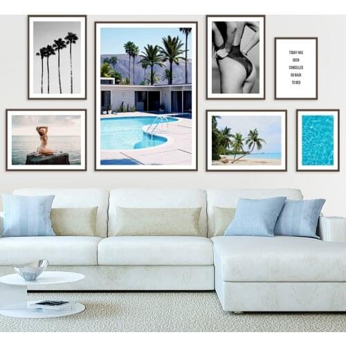 Swimming Pool Palm Beach Sea Girl Quote Wall Art Canvas Painting Nordic Posters And Prints Wall Pictures For Living Room Decor