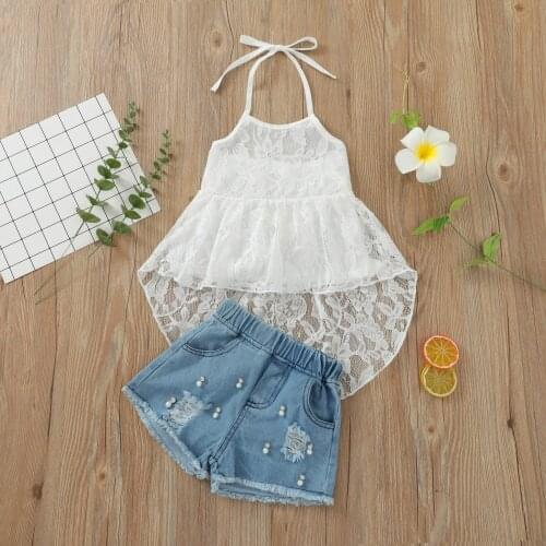 1-5Years Kids Baby Girls Clothes Sets 2021 Summer Sleeveless Halter Lace Ruffle Tops + Ripped Denim Shorts Casual Girls Outfits